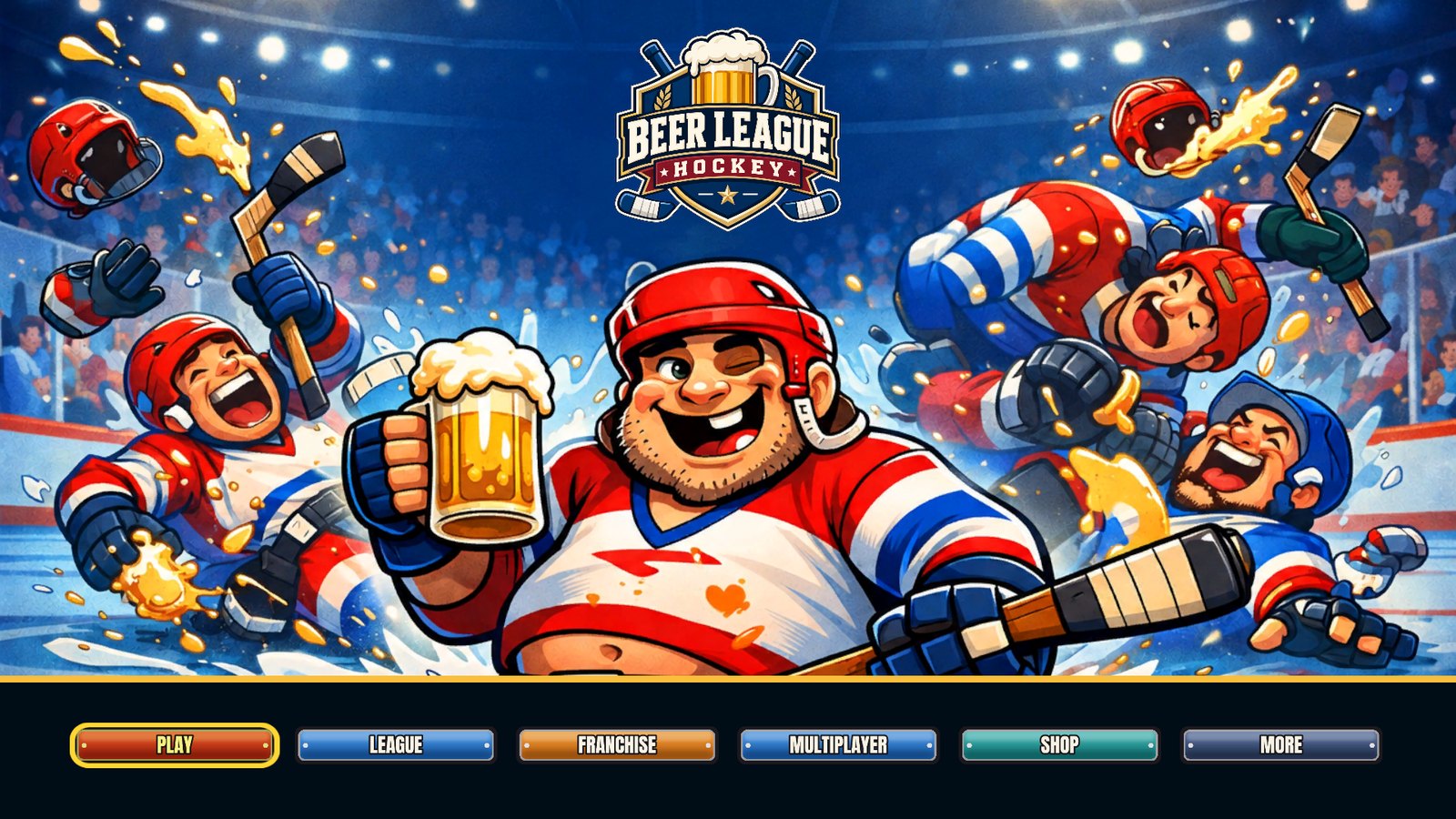 Beer League Hockey main menu in a development build.